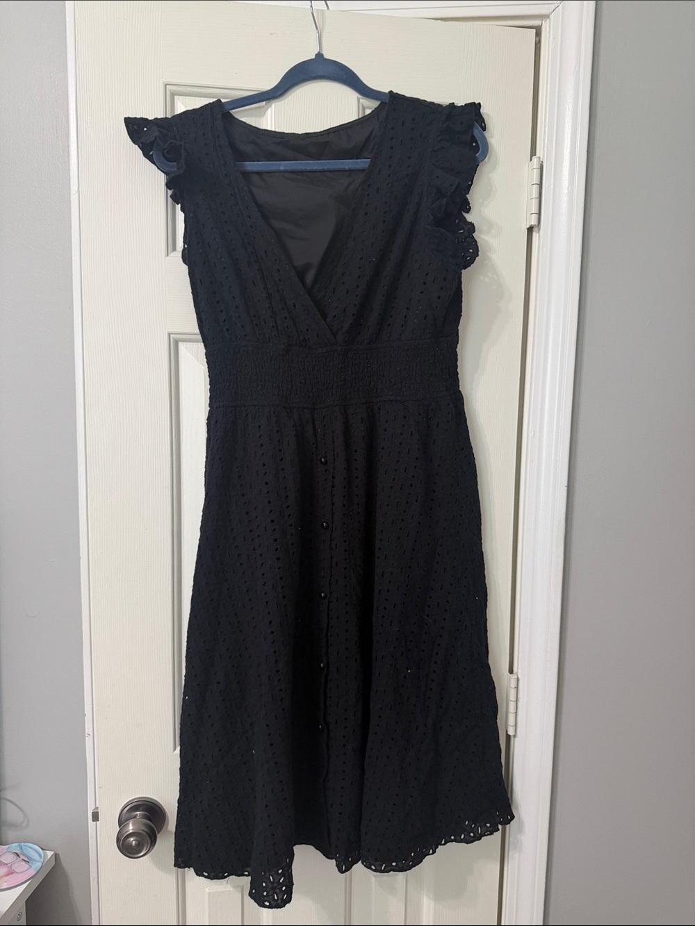 Black Eyelet V-Neck Midi Dress